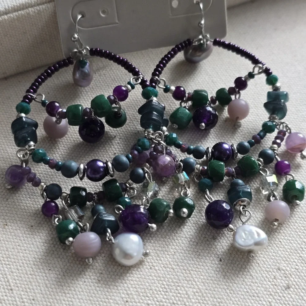 NWT Chico's Declan Green Purple Beaded‎ Chandelier Hoop Earrings Boho Statement